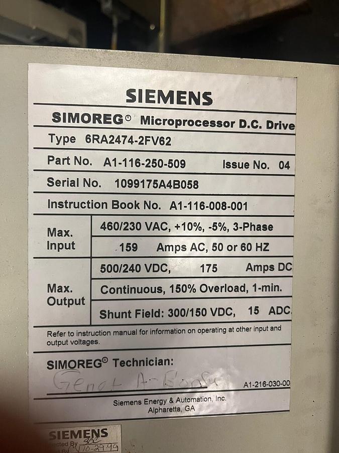 Used SIEMENS,6RA2474-2FV62,SIMOREG MICROPROCESSOR DC DRIVE OUT 500/240VDC 175A