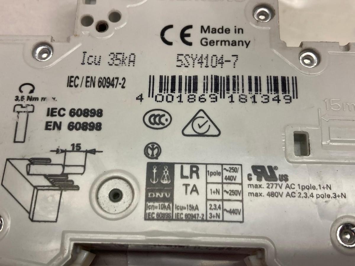 Used Siemens,5SY4104-7,1-Pole Circuit Breaker 230/400V 35kA LOT OF 2