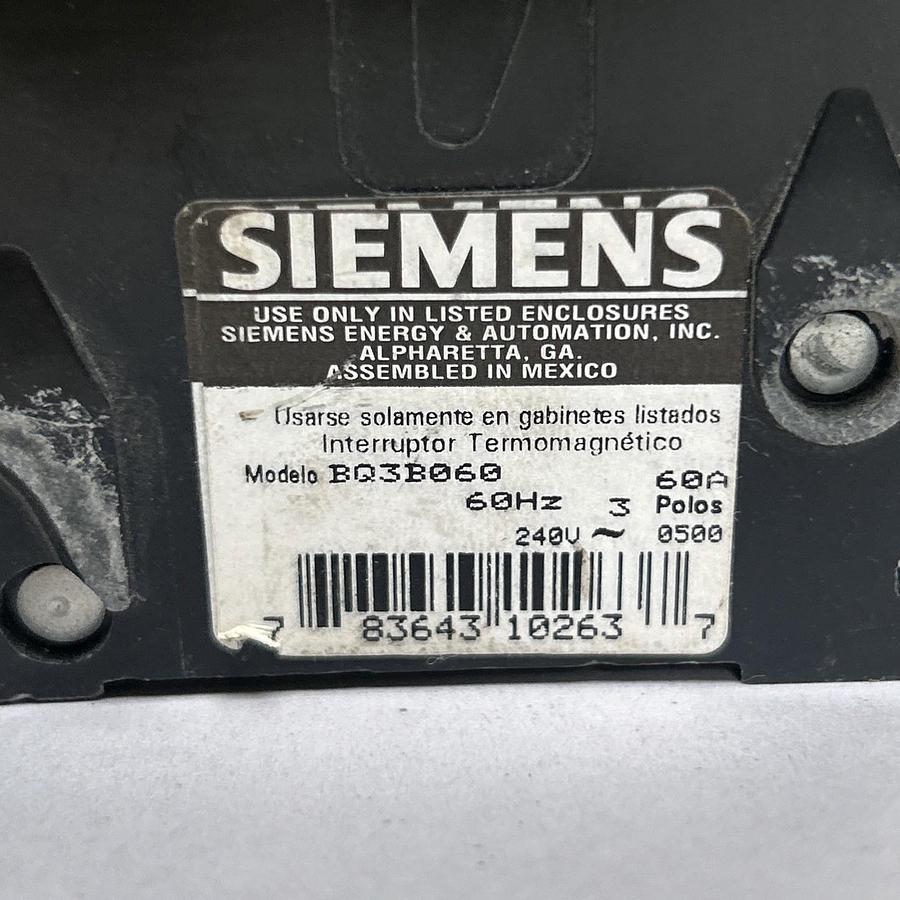 Used SIEMENS,BQ3B060,CIRCUIT BREAKER 60A 240V 3P LOT OF 2