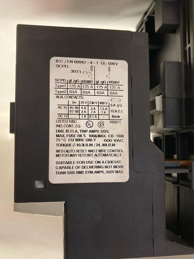 Used Siemens,3RT1033-1B..0,Contactor w/3RU1136-4DB0 Module 50/60Hz 690V