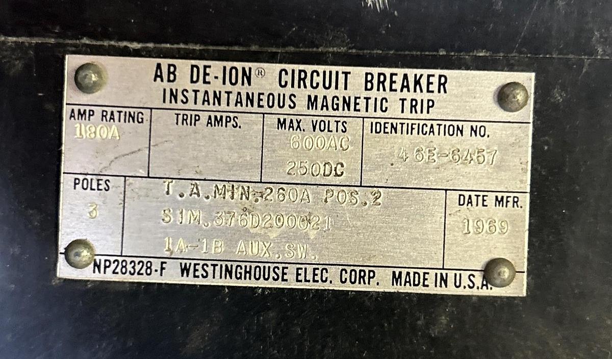 Used WESTINGHOUSE,NP28328-F,CIRCUIT BREAKER 180AMP 600V 3POLE
