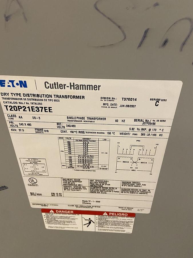 Eaton Cutler Hammer,T20P21E37EE 37.5KVA, TransformerPRI 240 x 480 Sec 240/480 1P