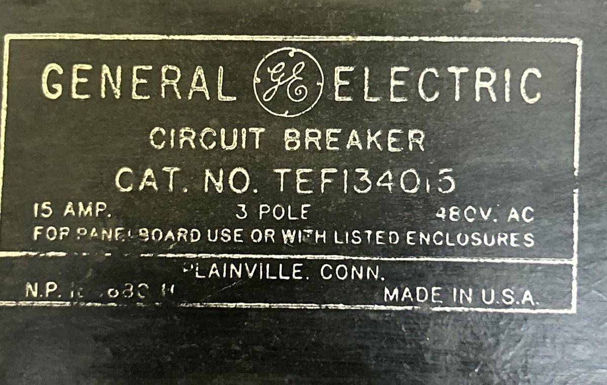 Used GENERAL ELECTRIC,TEF134015,CIRCUIT BREAKER 15A 480V 3P