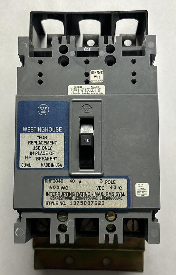 WESTINGHOUSE,RHF3040,CIRCUIT BREAKER 40A 600V 3P NOS
