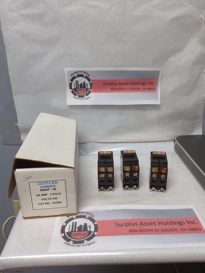 Used CUTLER-HAMMER,CH260,CIRCUIT BREAKER 60 AMP 2-POLE LOT OF 3 PRE-OWNED