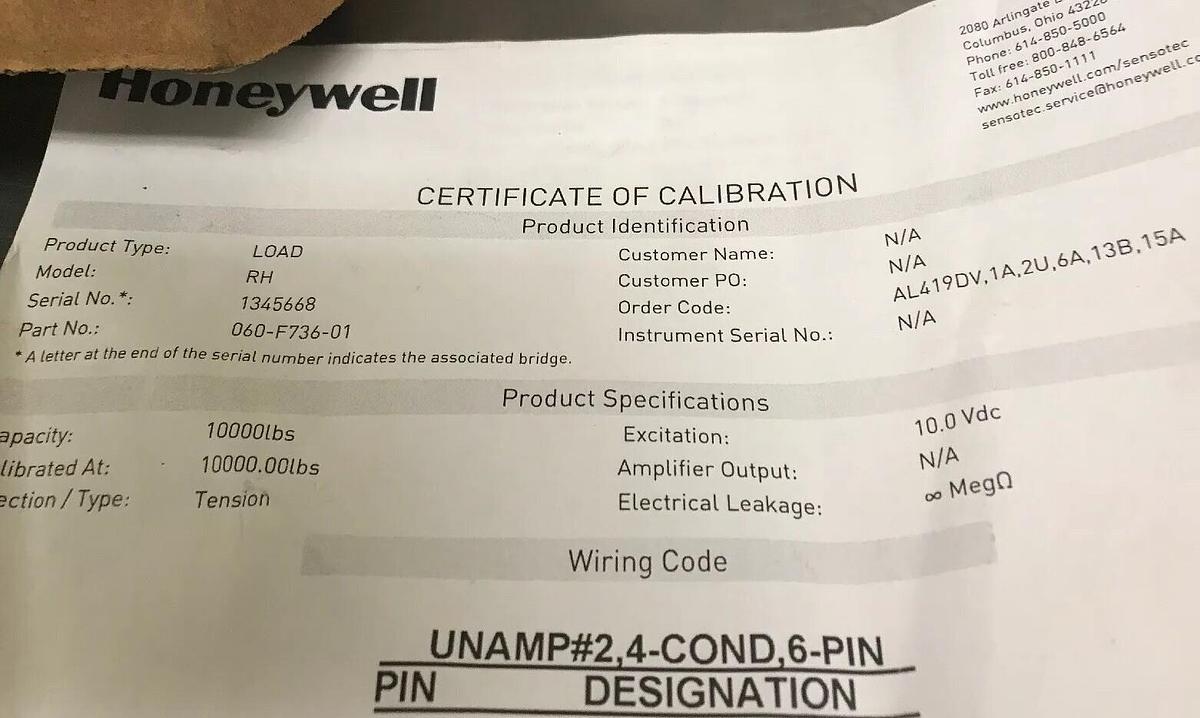 Used Honeywell,060-F736-01, 10000lbs RH Pressure Transducer