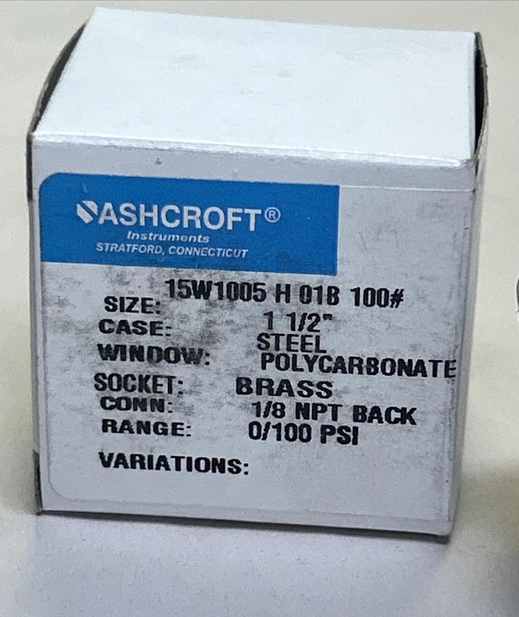 ASHCROFT,15W1005H01B100,PRESSURE GAUGE 1-1/2 INCH 0-100PSI NOS