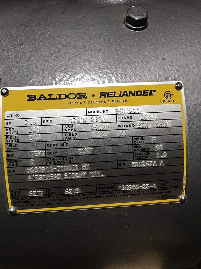 Used Baldor,B631911-2 7.5HP DC,Motor 1750/2300RPM 240VDC 258AT NOS