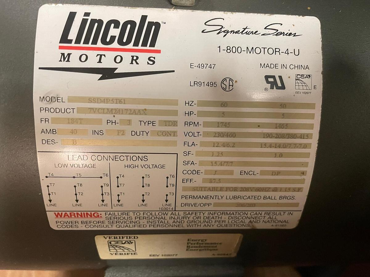 LINCOLN,SSD4P5T61,5HP MOTOR 1745RPM 230/460v FRAME 184T Lm24172