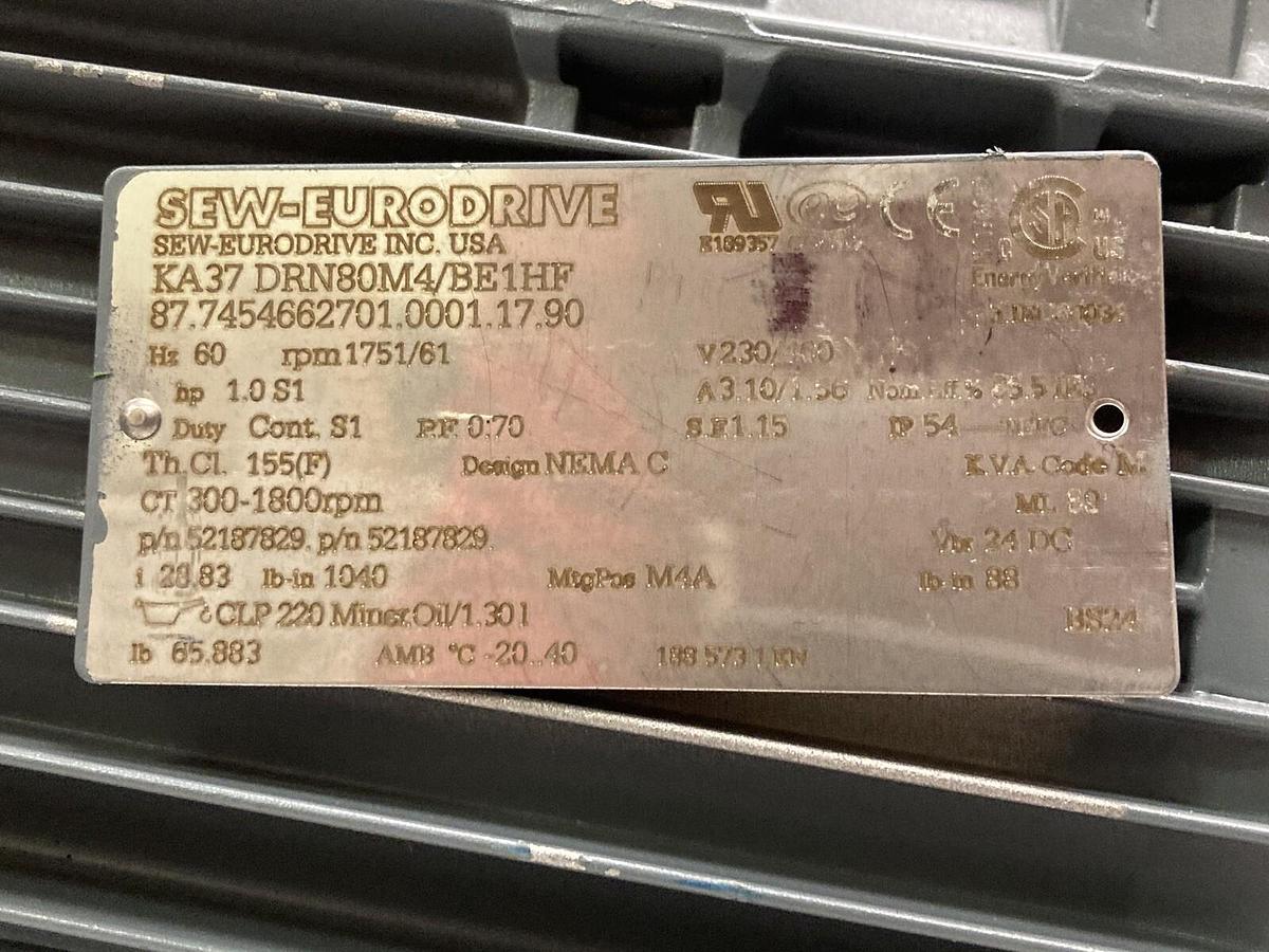 Used Sew-Eurodrive,KA37 DRN80M4/BE1HF,1 HP Gearmotor Ratio 28.83 1751/61 RPM