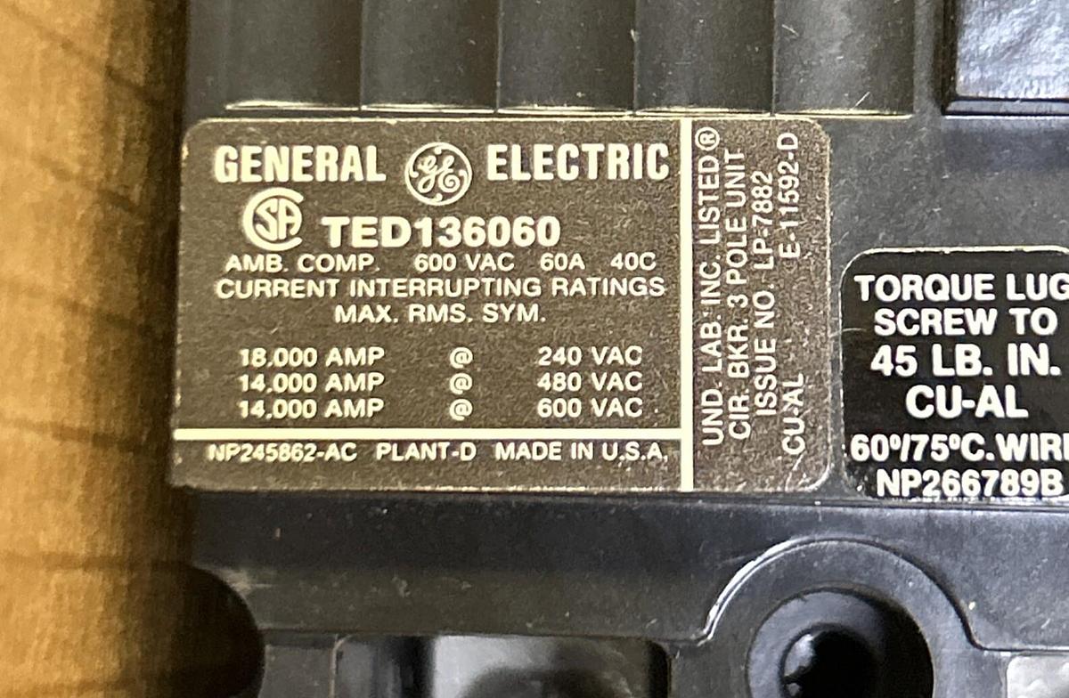 Used GENERAL ELECTRIC,TED136060WL,CIRCUIT BREAKER 60AMP 600V 3P NEW