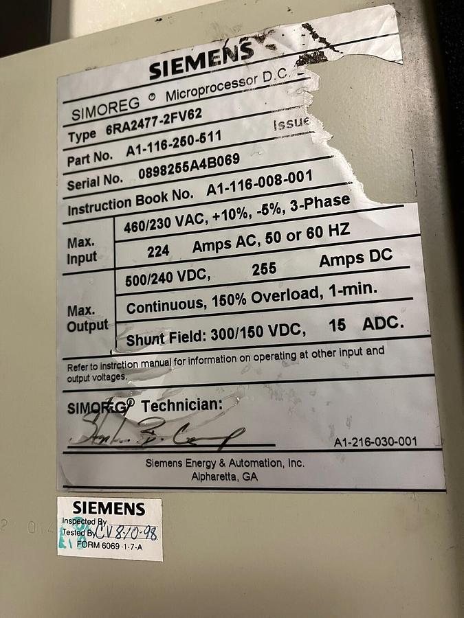 Used SIEMENS,6RA2477-2FV62,SIMOREG MICROPROCESSOR DC DRIVE OUT 500/240VDC 255A