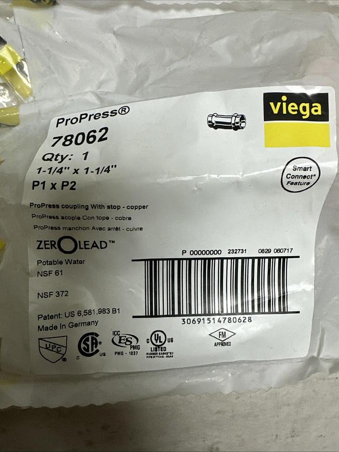 Used ProPress,78062,1-1/4"x1-1/4" Coupling with Stop