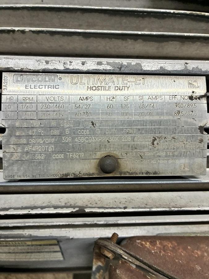 Used LINCOLN,AF4P20T61,MOTOR 20HP 1760RPM 3PH 256T