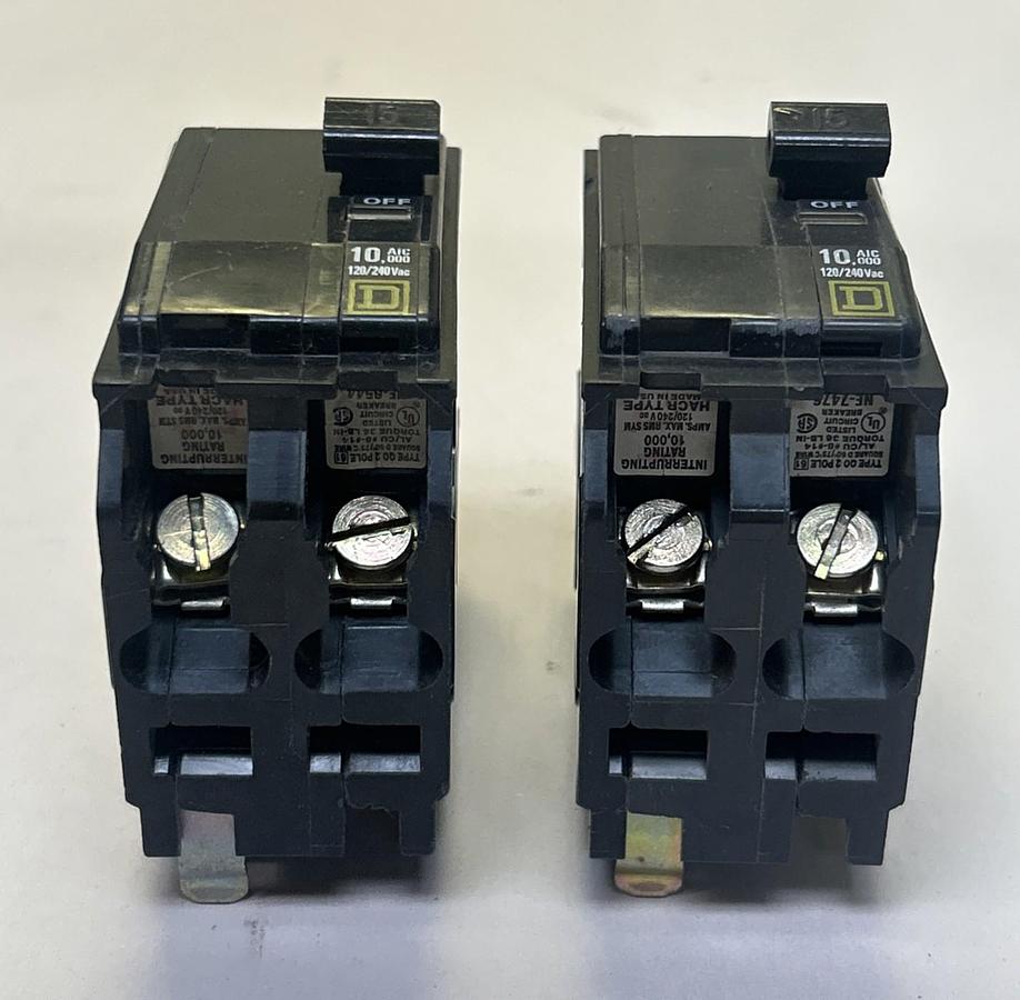 Used SQUARE D,QO215,CIRCUIT BREAKER 15A 120/240V 2P LOT OF 2