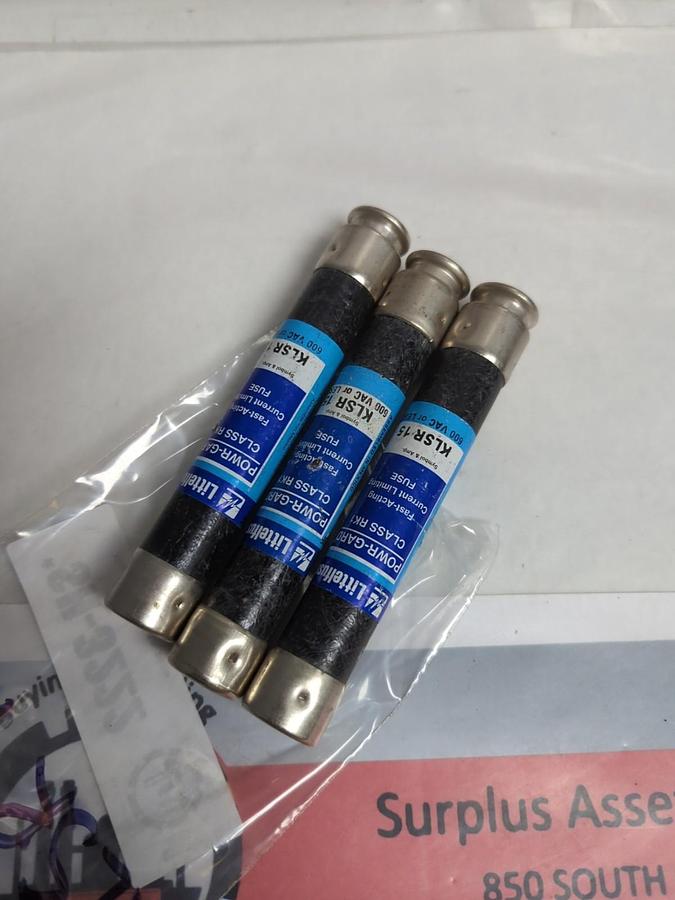 Used LITTELFUSE,KLSR15,POWR-GARD 15 AMP FUSE LOT OF 3 PRE-OWNED