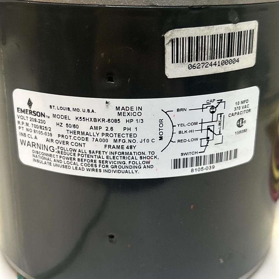 Used EMERSON,K55HXBKR-6085,MOTOR 1/3HP 208-230V 700/825RPM 1PH