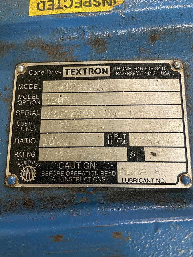 Used Textron,SHO25A06-5,Gear Reducer Ratio 10:1 Input 1750RPM