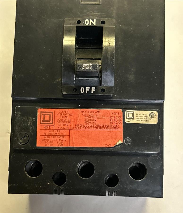 Used SQUARE D,KHL36225,CIRCUIT BREAKER 225A 600V 3P