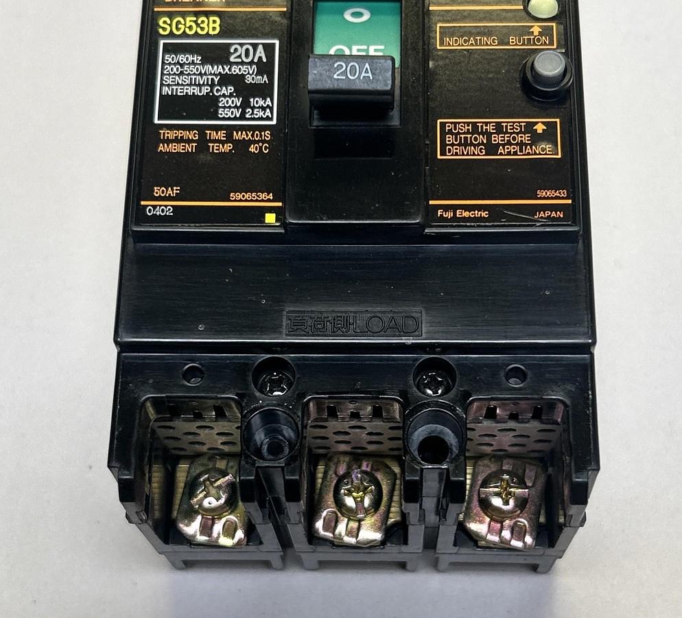 Used FUJI ELECTRIC,SG53B,EARTH LEAKAGE CIRCUIT BREAKER 20A 200-550V 3P