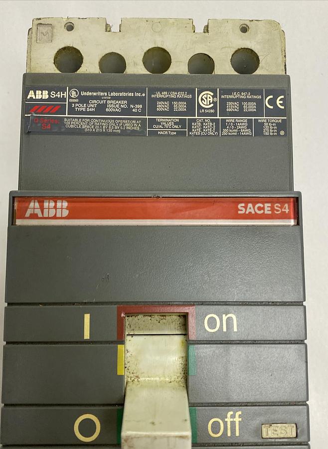 Used ABB,S4H,Circuit Breaker 250A 600V 3 Pole