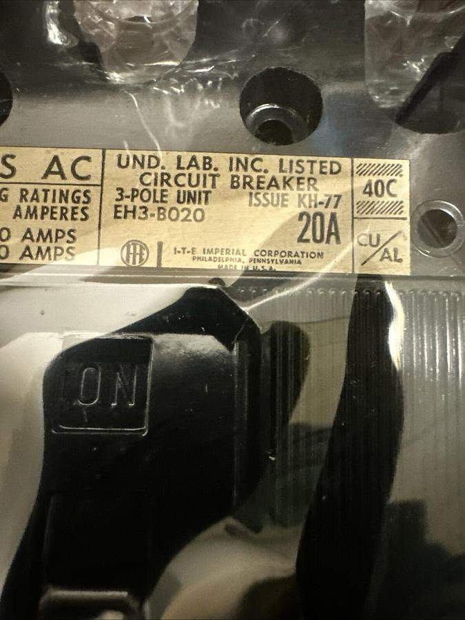ITE,EH3-B020,Circuit Breaker 20Amp 408VAC 3 Pole Factory Sealed