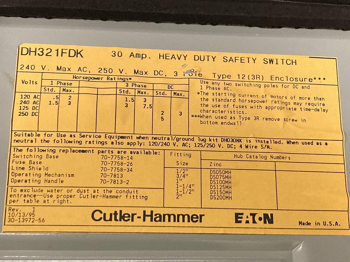 Cutler-Hammer,DH321FDK,Heavy Duty Saftey Switch  30A  3 Pole Type 12  3R