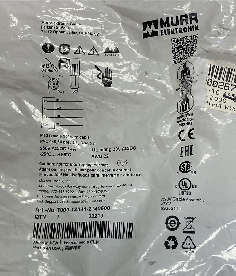 Used MURR ELEKTRONIK,7000-12341-2140500,FEMALE CONNECTOR CABLE NEW