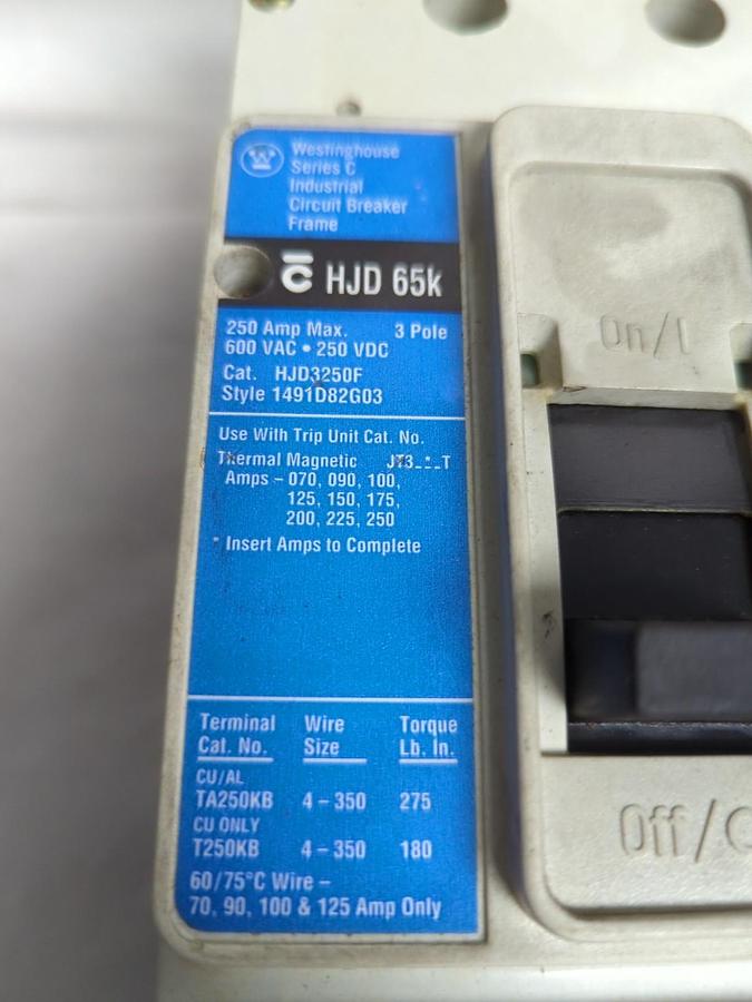 Used WESTINGHOUSE,HJD3250F,INDUSTRIAL CIRCUIT BREAKER 250 AMP 600V 3-POLE PRE-OWNED