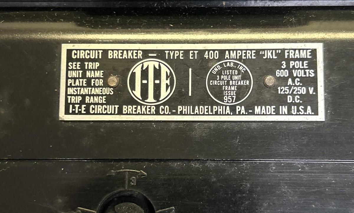 Used ITE,ET400,CIRCUIT BREAKER 400A 600V 3P