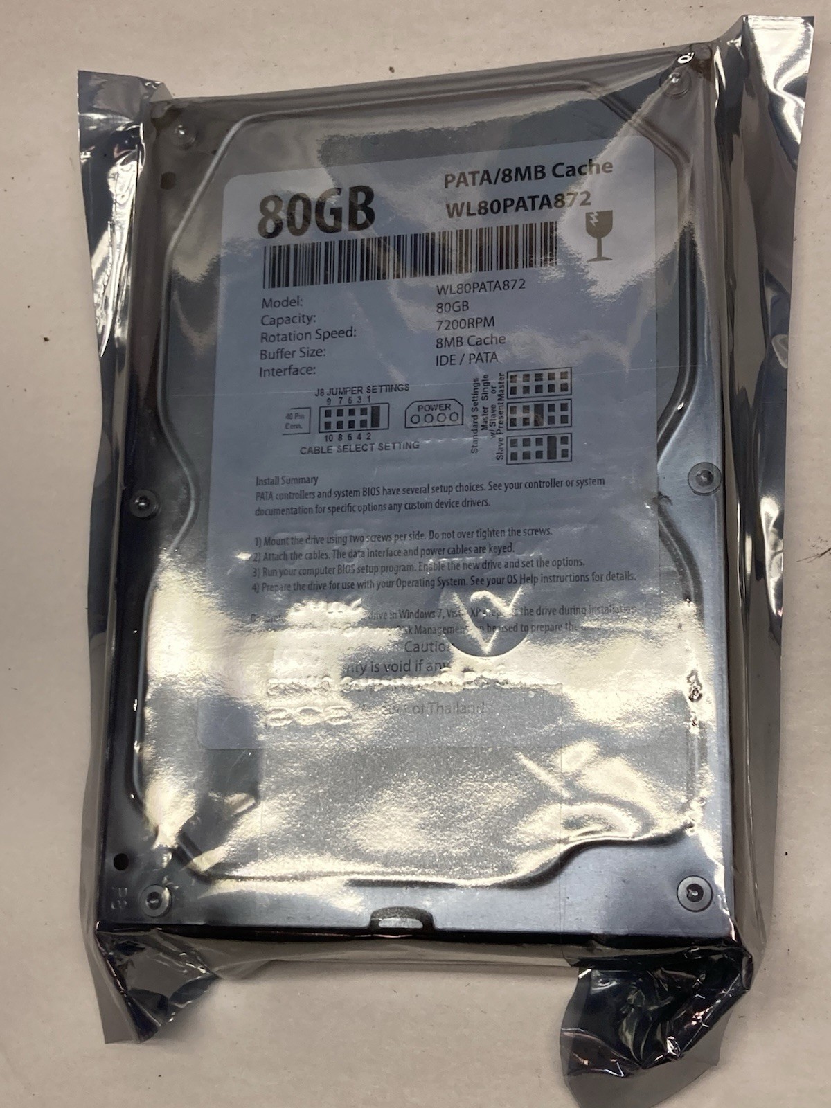 Used Unbranded,WL80PATA872,SATA Hard Drive 7200RPM 80GB