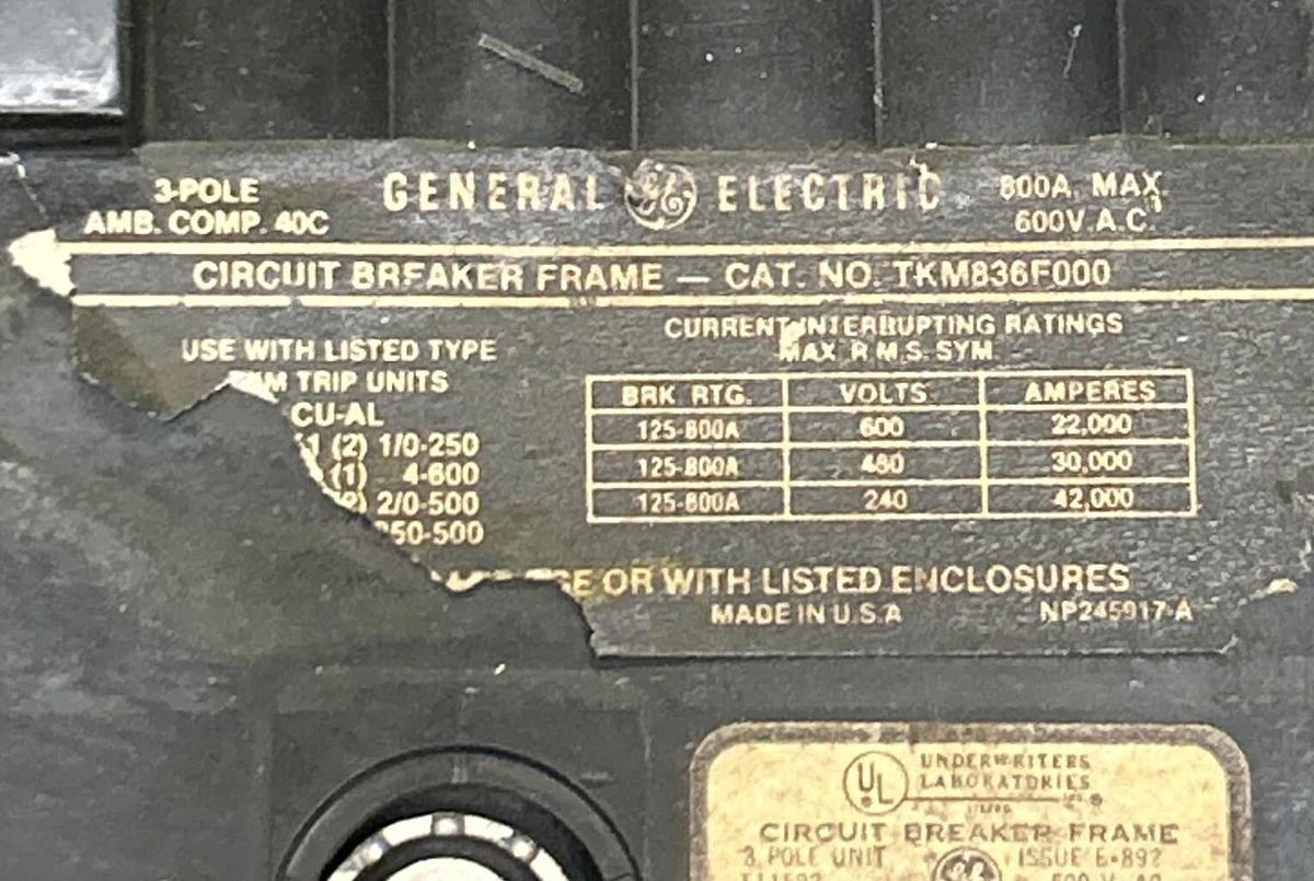Used GENERAL ELECTRIC,TKM836F000,CIRCUIT BREAKER 800A 600V 3P