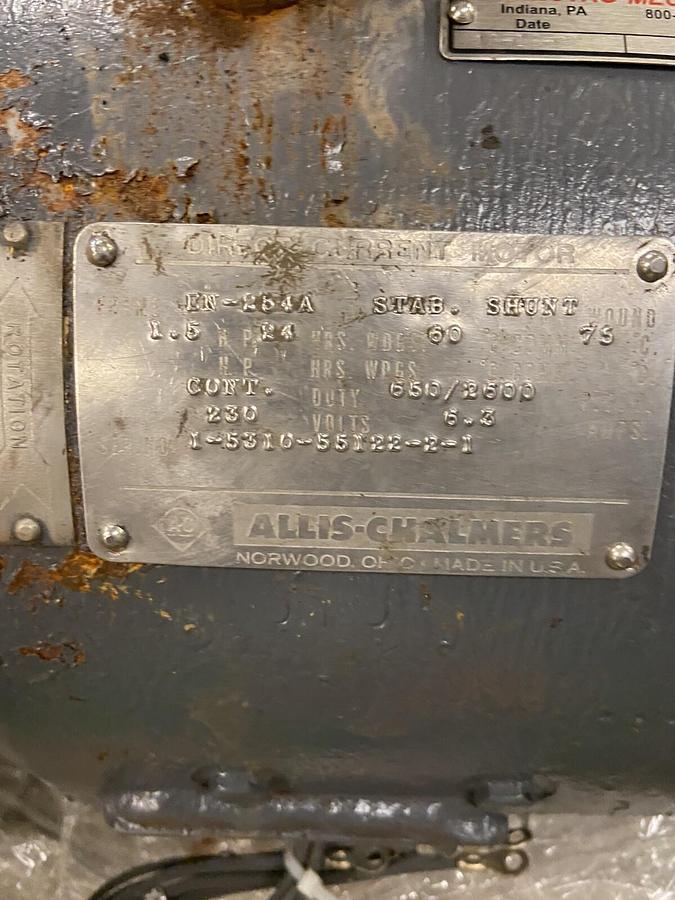 Used Allis Chalmers,EN-254A,Direct Current DC Motor 1.5hp 6.2A