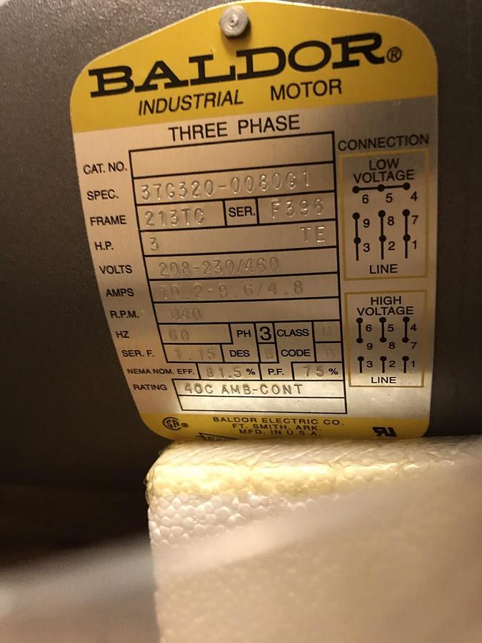 Used Baldor,3HP 1140RPM,BRAKE MOTOR 208-230/460V Frame 213TC Spec 37G320-0080G1 NOS