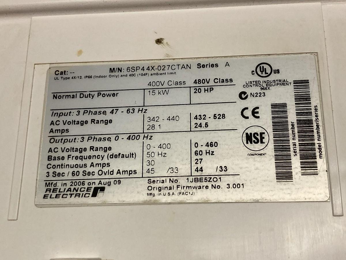 Used Reliance,6SP44X-027CTAN,Washdown Inverter Drive 20 HP 480V