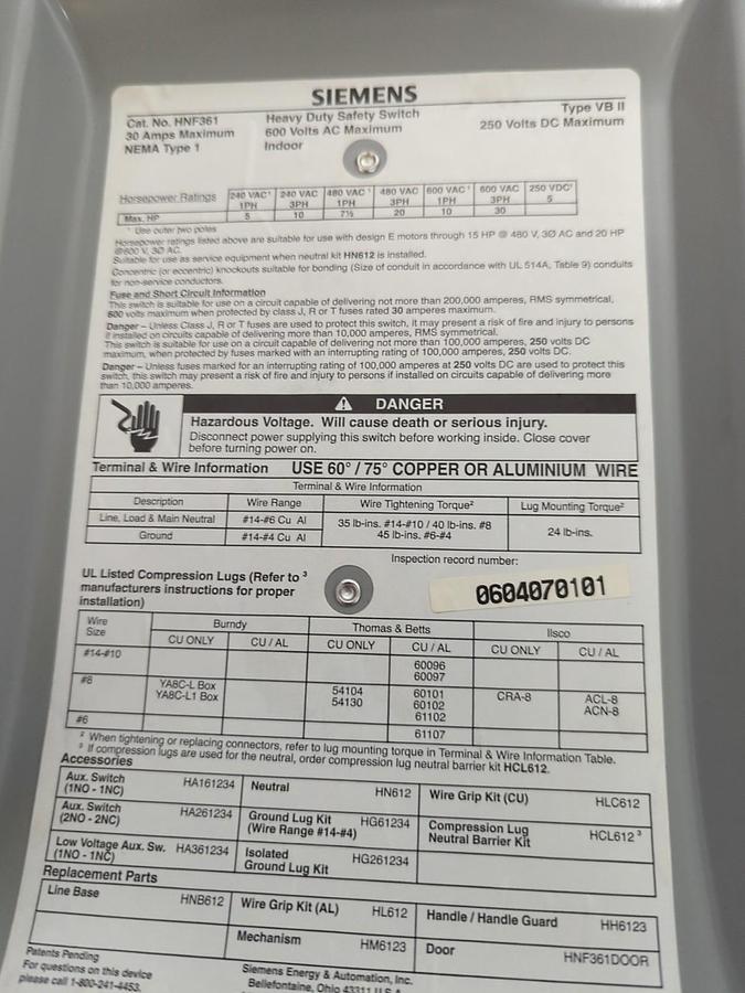 Used SIEMENS,HNF361,HEAVY DUTY SAFETY SWITCH 30 AMP 250V NEMA 1 TYPE VB II