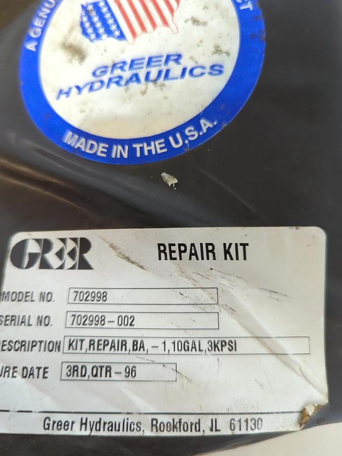Used GREER HYDRAULICS,702998,REPAIR KIT 10GAL 3KPSI NEW SEALED PACKAGE
