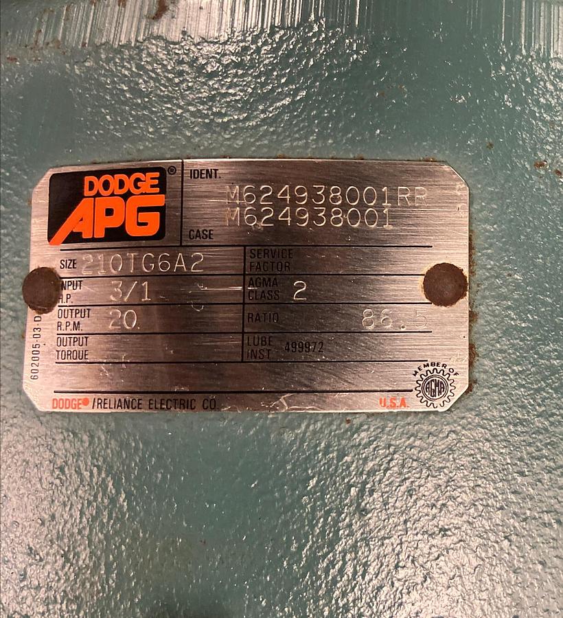 Used Dodge,APG 210TG6A2,GearDrive Ratio 86.5 Reliance 3/1 HP 1745/575RPM Brake Motor
