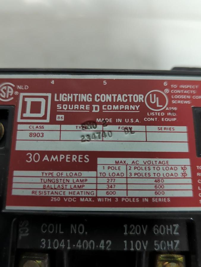 Used SQUARE D,8903-SM0-2,LIGHTING CONTACTOR 30 AMP 3-POLE PRE-OWNED