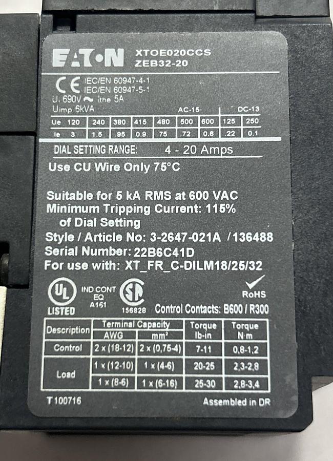 Used EATON,XTOE005CCS,OVERLOAD RELAY