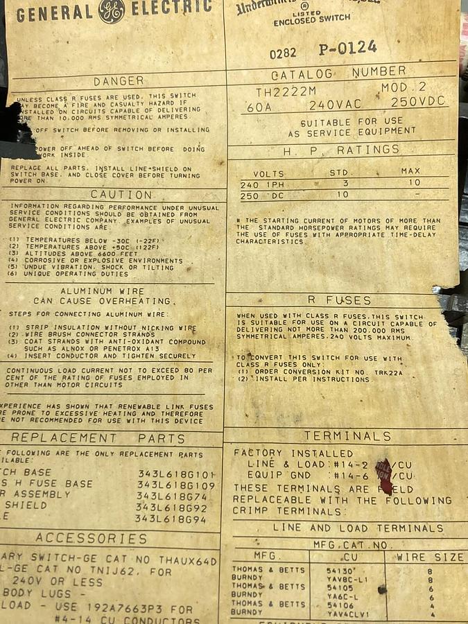 Used General Electric,TH2222M,Heavy Duty Safety Switch Model 2 60A 240VAC