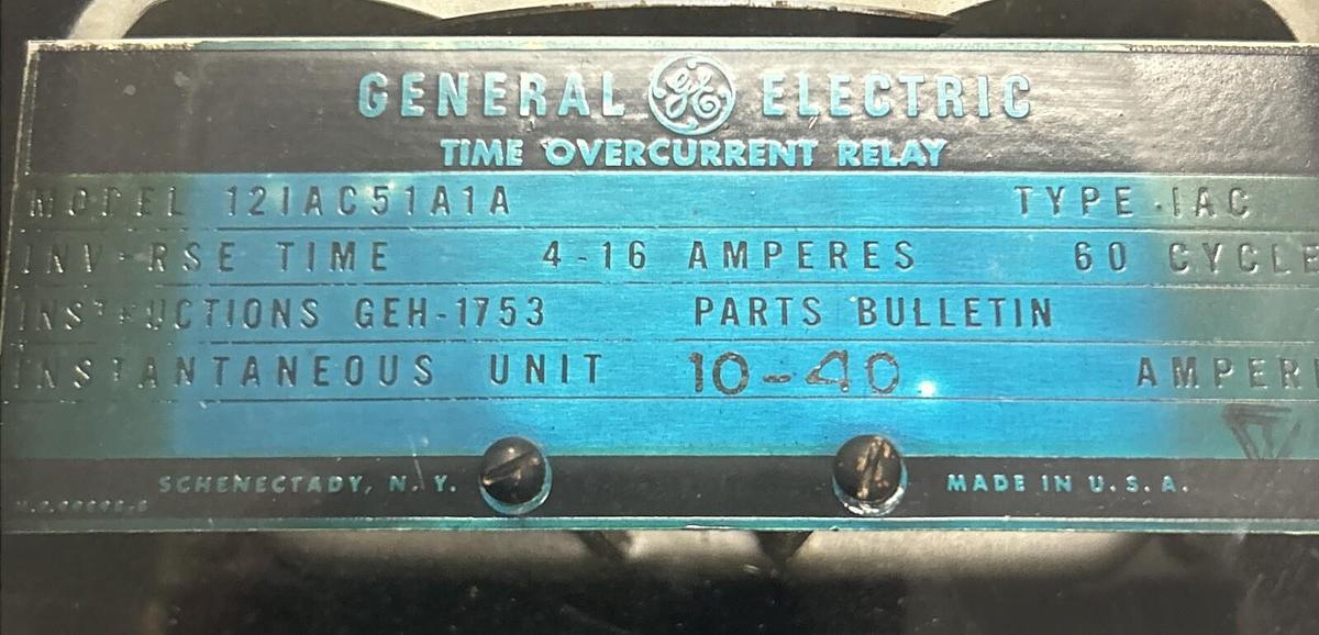 Used GENERAL ELECTRIC,12IAC51A1A,TIME OVERCURRENT RELAY