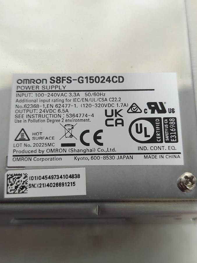OMRON,S8FS-G15024CD,POWER SUPPLY 100-240VAC 3.3A 50/60HZ NOS