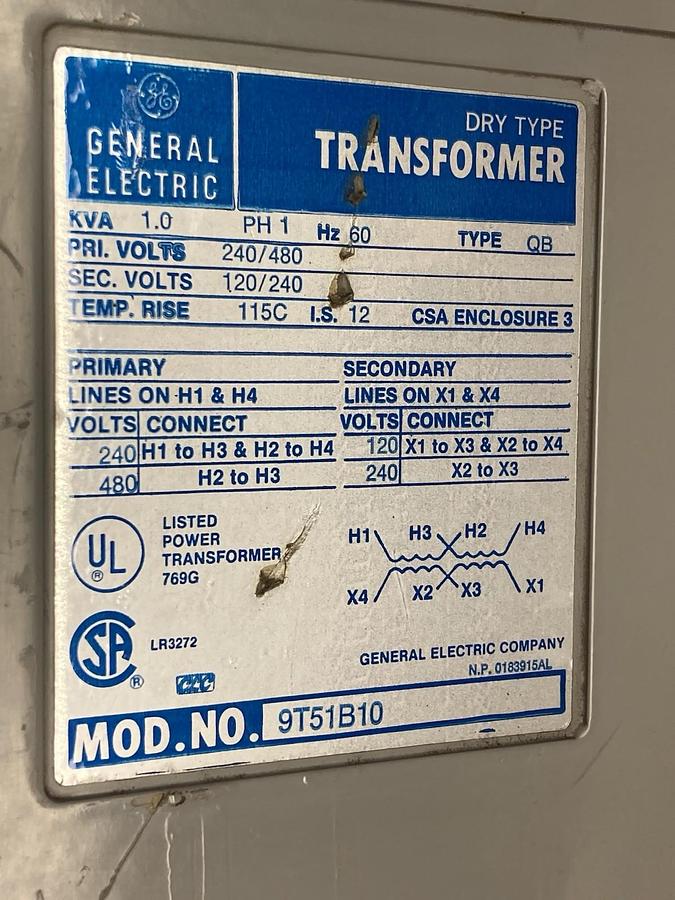 Used General Electric,Model 9T51B10,1-Phase Transformer 60Hz 1.0KVA