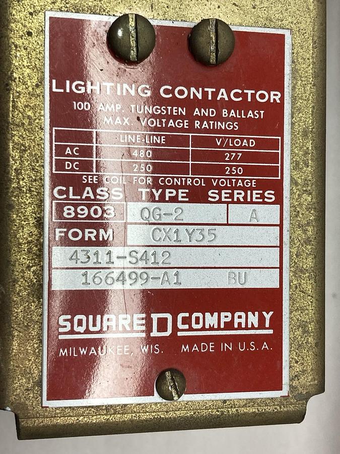 Used Square D,8903 QG-2,Lighting Contactor Ser A 100A