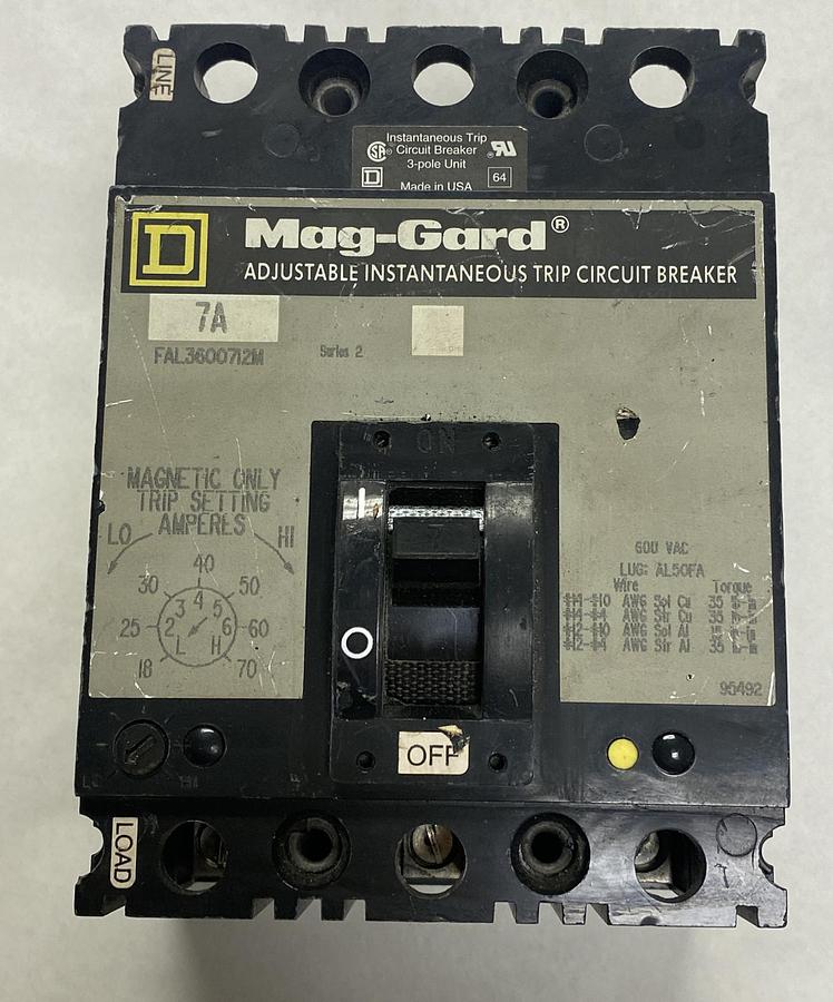 Used SQUARE D,FAL3600712M,CIRCUIT BREAKER 7A 600V 3 POLE