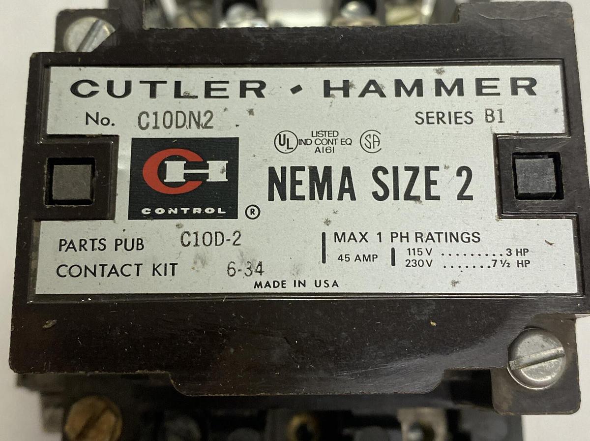 Used CUTLER HAMMER,C10DN2BB,CONTACTOR SIZE2 45AMP 220/240V