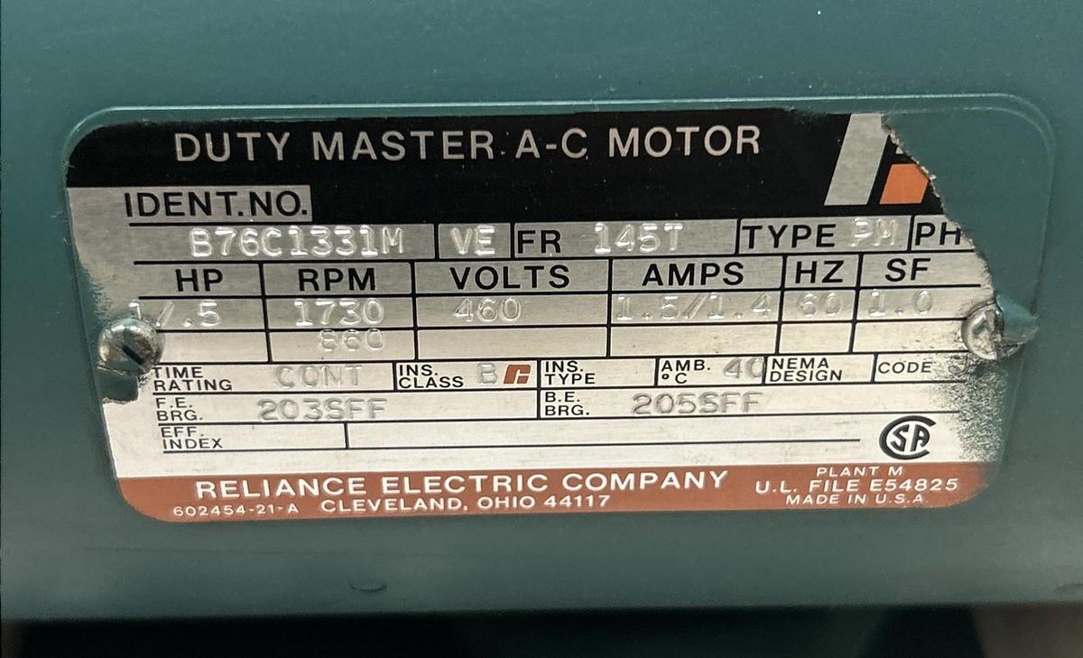Used RELIANCE,B76C1331M,AC MOTOR 1.5HP 1730RPM 460V 145T FRAME