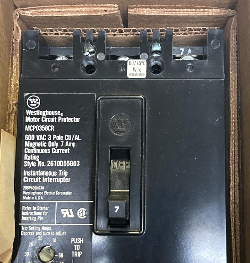 WESTINGHOUSE,MCP0358CR,CIRCUIT BREAKER 7A 600V 3P NEW