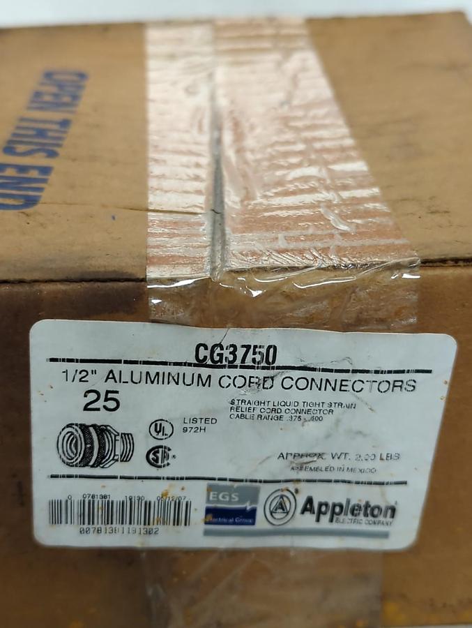APPLETON,CG3750,ALUMMINUM CORD 1/2 INCH CONNECTORS BOX OF 25 NOS